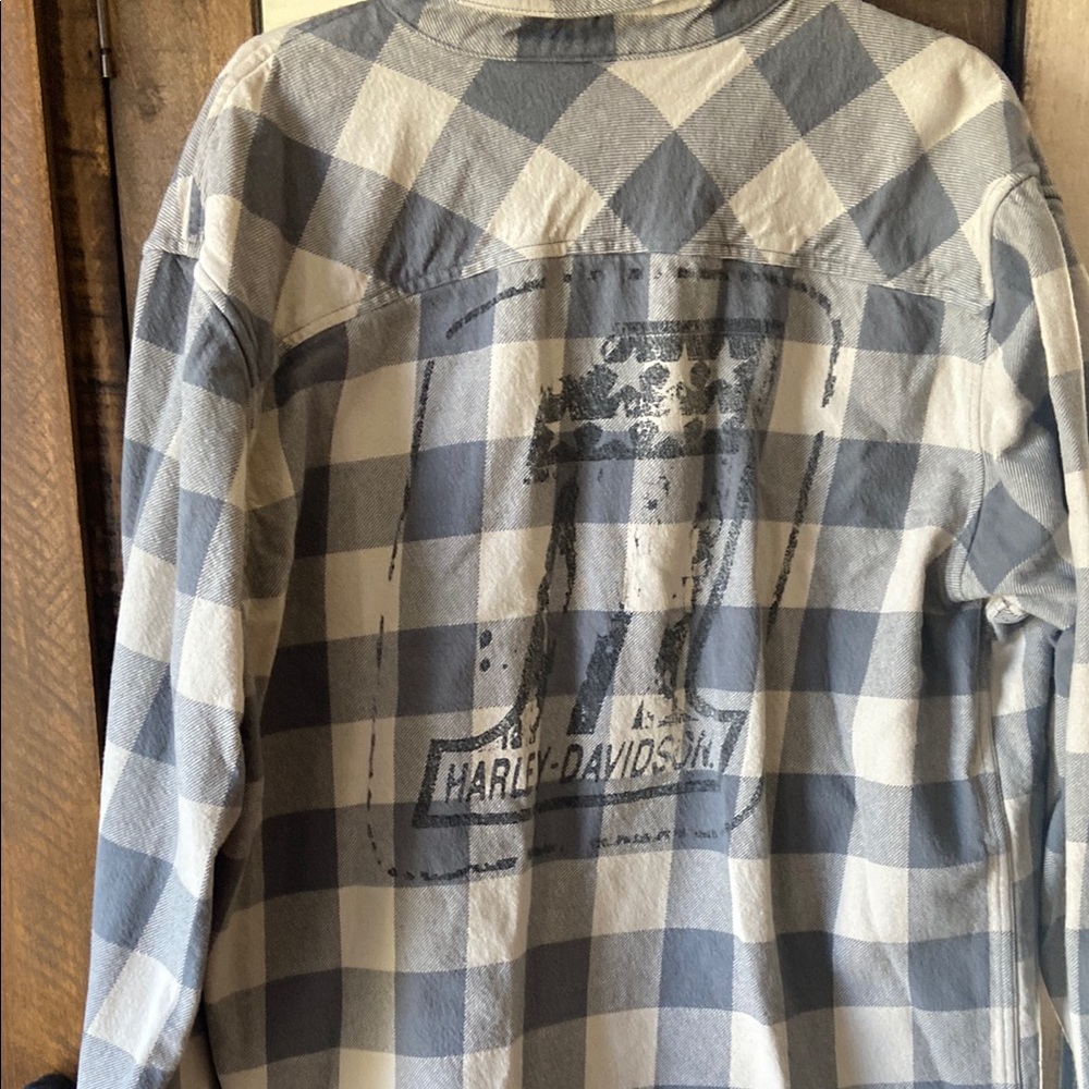 Harley-Davidson Gray and White Plaid Button Down Shirt